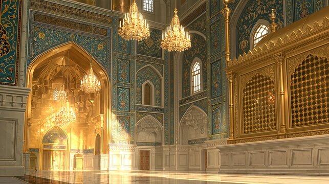 Ornate mosque interior with golden dome and blue