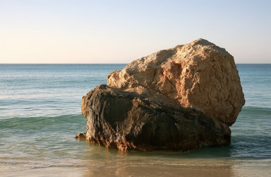 Massive rock formation emerges from calm ocean waters at dawn