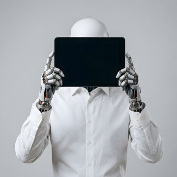 Futuristic humanoid robot wearing white formal shirt holding blank digital tablet screen against plain grey background