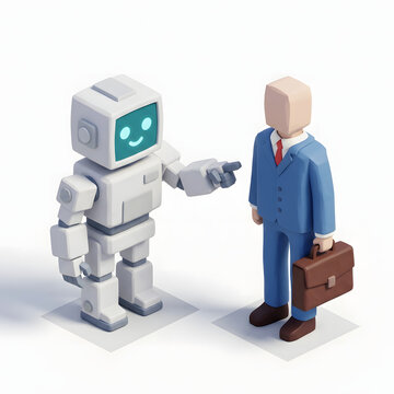 Friendly white robotic assistant pointing finger at professional businessman wearing blue suit holding leather brown briefcase