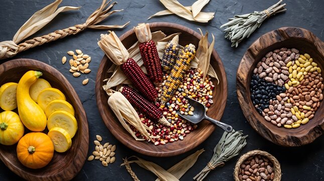 Top View Flat Lay of Indigenous Three Sisters Ingredients Featuring Flint Corn, Mixed Beans, Squash, and Dried Sage Herbs on Dark Wooden Background