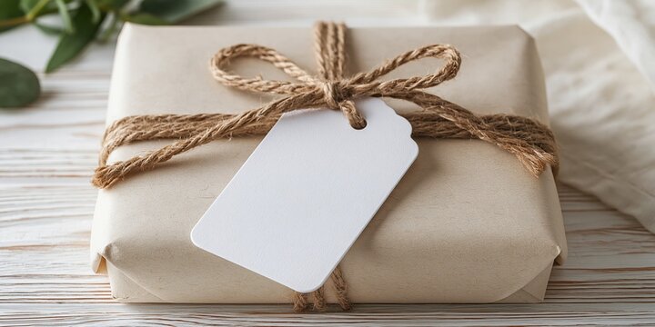 Wrapped gift box with blank tag on rustic