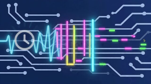 Glowing clock icon pulsating with heartbeat signal on digital circuit board background representing fast data processing and real-time information flow in high-tech computing environment