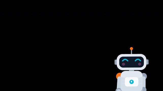 Cute 2D flat vector animation of a friendly little robot mascot popping up from the bottom corner, waving cheerfully