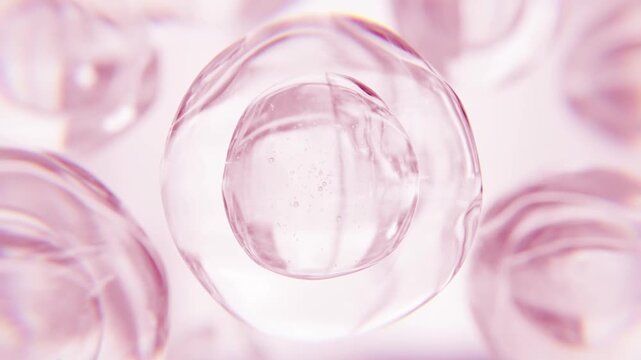 Pink anti-aging serum bubbles. Luxury skincare cosmetics macro 3D abstract background. Glowing moisturizer essence gel drops. Collagen fluid molecule, peptide face lotion for skin radiance and lifting