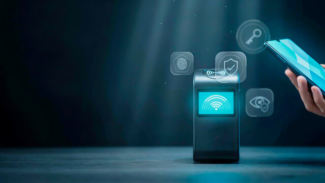 Modern smart home security device with Wi-Fi connectivity and mobile app integration featuring digital icons for protection and access control