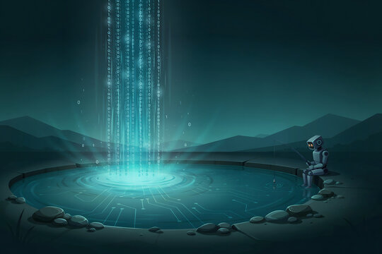 A small robot fishing in a dark pond with a glowing waterfall of binary code and digital circuit board patterns on the water surface below