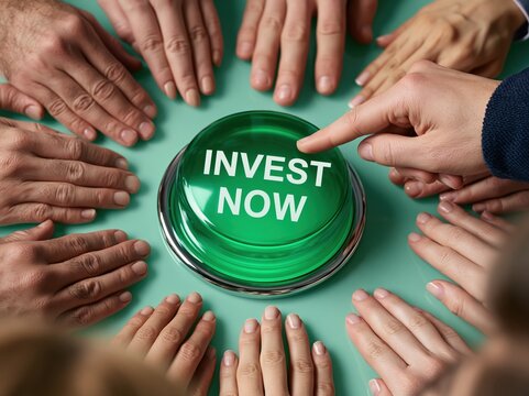 Diverse hands surround green invest now button