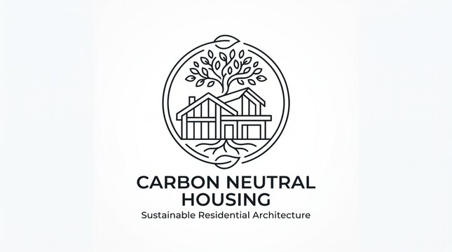 Carbon Neutral Housing Logo Design, Sustainable Residential Architecture Symbol with House and Tree Roots in Line Art Style