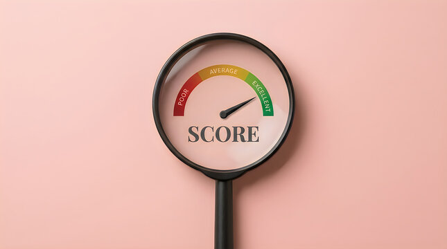 Magnifying Glass Showing Excellent Credit Score Meter on Pink Background