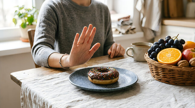 Woman Refusing Chocolate Donut and Choosing Healthy Fruit Instead