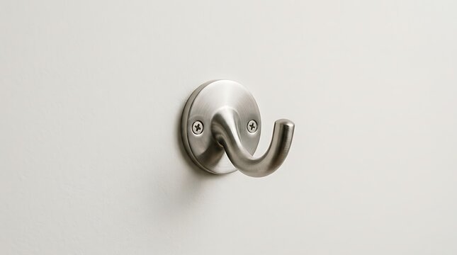 Brushed metal wall hook mounted on a white surface for home organization