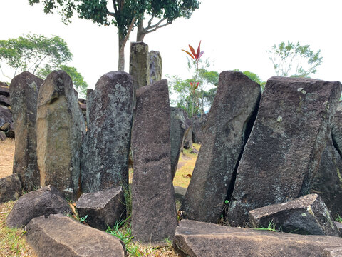 Selective focus of rock on Megalithic sites Gunung Padang  Cianjur, West Java, Indonesia