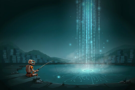 A small robot sitting on a rocky shore fishing in a dark pond with a glowing waterfall of binary code and digital circuit patterns descending