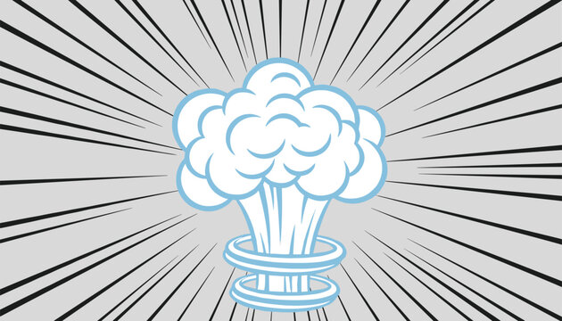Comic book style cloud explosion with high speed radial action lines on a grey background, expressing impact or blast.