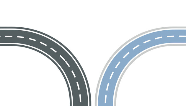 Two curved asphalt road sections bending in opposite directions, representing choice and path on a white background.