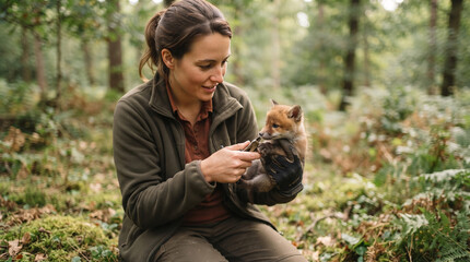 Fototapeta premium Wildlife rescuer gently handles tiny fox cub in lush forest setting