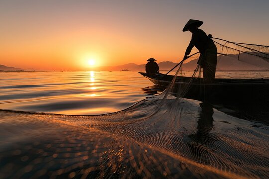Silhouetted figures cast nets on tranquil waters at sunrise