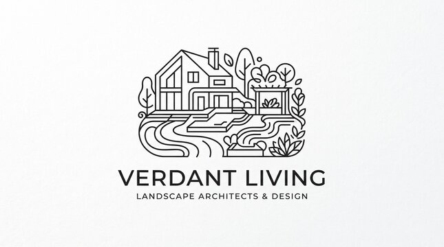 Minimalist Landscape Architecture Logo Design Featuring Modern House and Garden Elements for Real Estate and Sustainable Living Branding