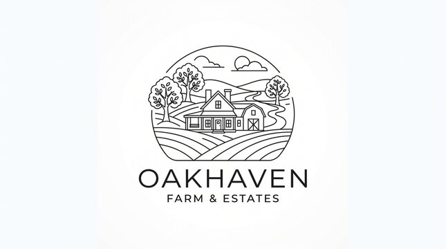Minimalist Farm and Estate Logo Design Featuring a Rustic House, Rolling Fields, and Trees in a Circular Line Art Style for Branding