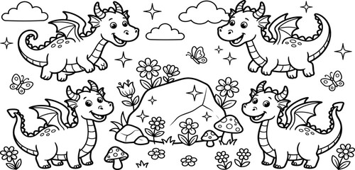 Obraz premium Cute cartoon dragons playing in a magical forest scene for children coloring book page black and white