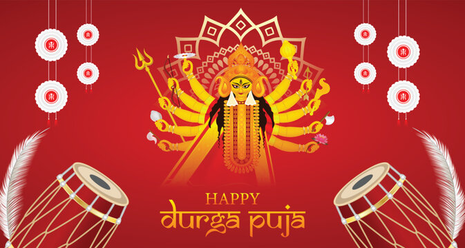 Durga Puja celebration banner featuring goddess drums ornaments and festive greetings vector poster