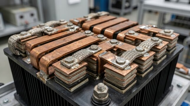 solid state transformer concept Close-up of an industrial transformer coil with copper windings and metal components