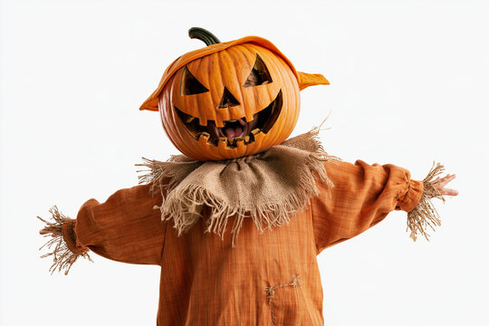 Pumpkin-Head Scarecrow Costume on White Background for Halloween with Orange Outfit Burlap Collar and Outstretched Arms