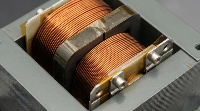 solid state transformer concept Close-up of a metal coil wire inside an industrial electromagnetic component