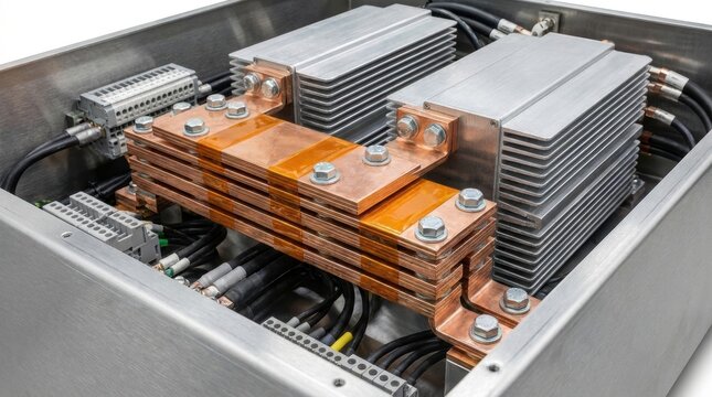 solid state transformer concept High-voltage electrical busbars connected inside an industrial metal enclosure.