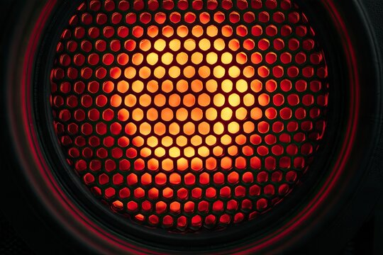 Glowing orange light emanates from a circular grate with hexagonal perforations