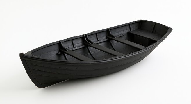 Empty black wooden rowboat on white background