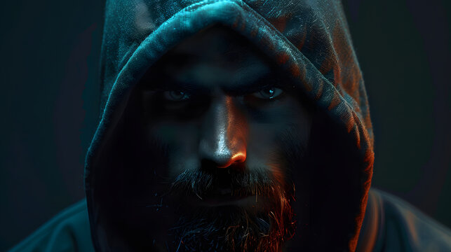 Mysterious hooded individual with intense expression in dark lighting with Person wears hood covering face focused gaze dim environment expressionless suspenseful atmospheric