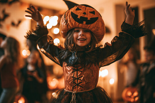 Pumpkin-Head Scarecrow at the Halloween Costume Party Raising Arms in Playful Pose Among Friends and Glowing Decorations