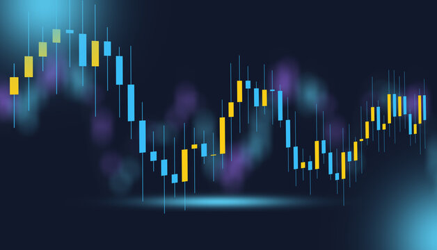Futuristic stock market analytics interface displaying blue and yellow financial candlestick charts and moving average lines for professional stock trading and cryptocurrency investment data