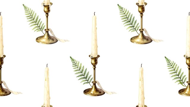 Watercolor vintage brass candlesticks with fern leaves seamless pattern