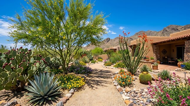Beautiful desert garden with cactus plants and a stone path near a house in arizona. arizona yard