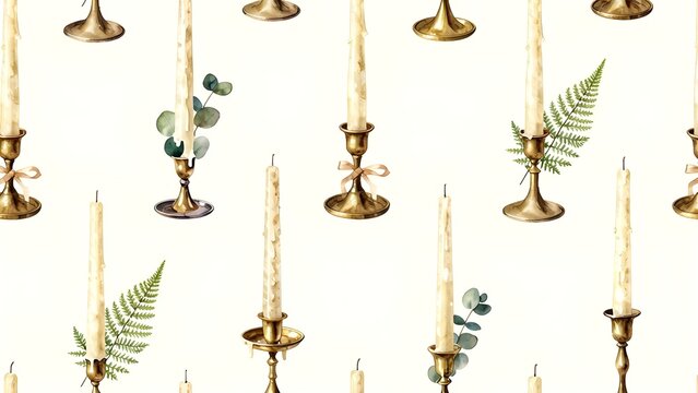 Watercolor vintage candlesticks with eucalyptus and fern leaves pattern