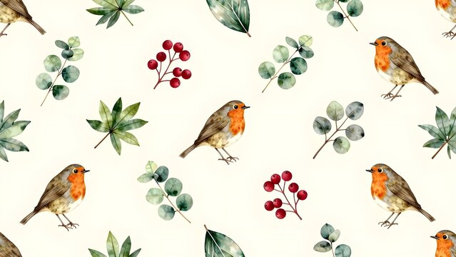 Watercolor winter robins and eucalyptus branches seamless pattern
