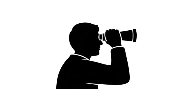 Black silhouette of a businessman looking through binoculars isolated on a white background