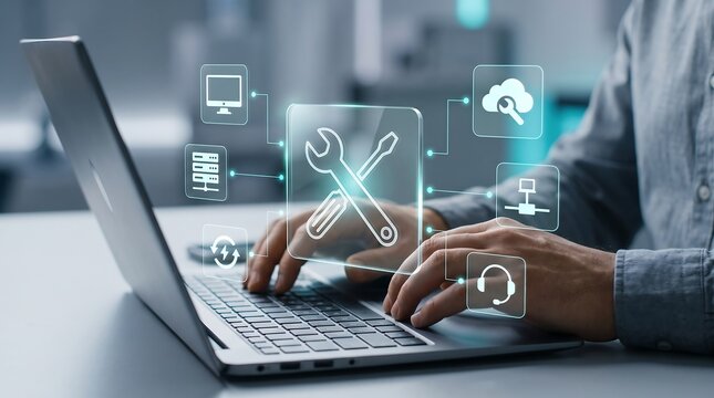Businessman hands typing on laptop keyboard with technical support and cloud computing digital icons holographic interface overlay for remote IT maintenance and server management