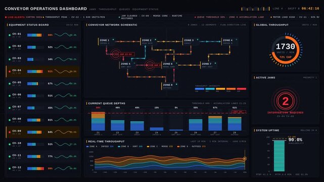 Explore the animated conveyor operations dashboard showcasing jams, throughput, queues, and equipment status with a sleek industrial design in dark tones and vibrant accents.