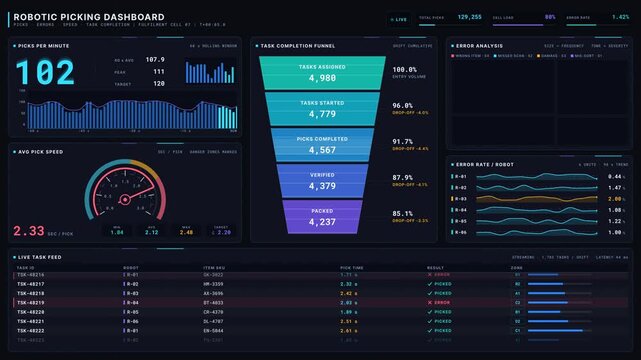 Futuristic robotic picking dashboard showcasing animated metrics for picks, errors, speed, and task completion in a sleek black and neon-blue interface design.