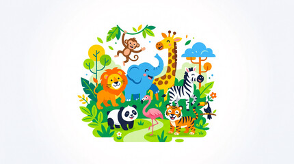 Fototapeta premium Diverse jungle animals gather in a vibrant and cheerful safari park setting