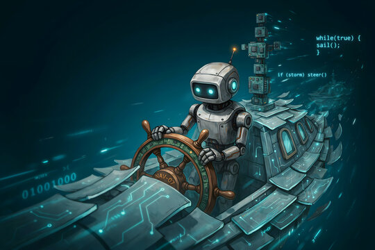 A white robot captain steering a ship made of circuit boards through a digital ocean with glowing binary code and programming syntax text