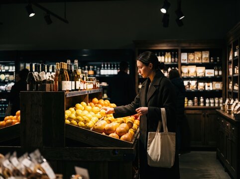 Shopper selecting fresh produce indoors at modern grocery store, lifestyle scene with natural lighting, close-up viewpoint, everyday shopping concept