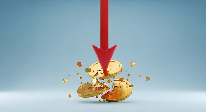 Downward red arrow smashing gold coins depicting economic downturn