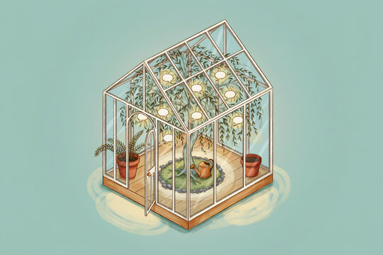 An isometric glass greenhouse with a tree inside featuring glowing speech bubbles, a watering can, and potted plants on a soft green background