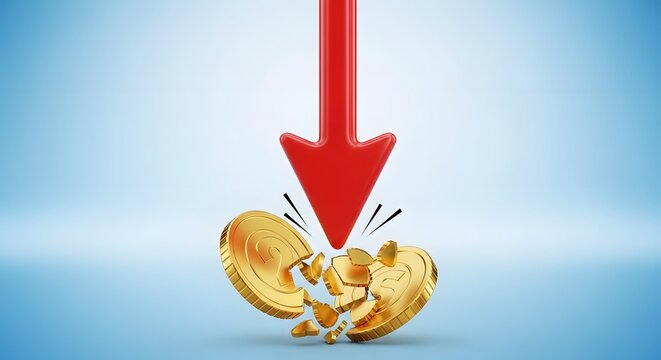 A downward red arrow breaking golden coins on a light blue background