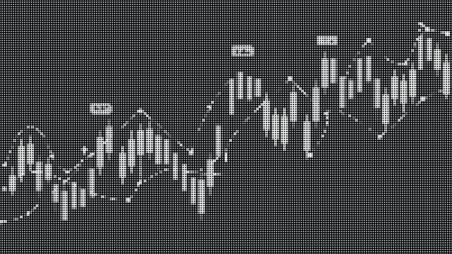 Abstract financial candlestick stock market chart rendered with a halftone dot pattern